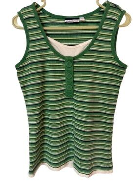 Croft & Barrow Green Striped Henley Tank Top Y2K Style Layered Look Size Medium
